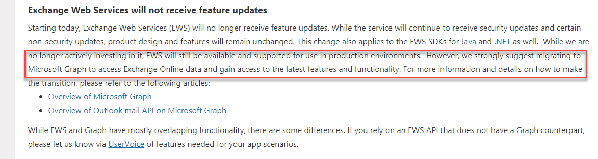 Microsoft does not see a future for EWS with no enhancements to be released