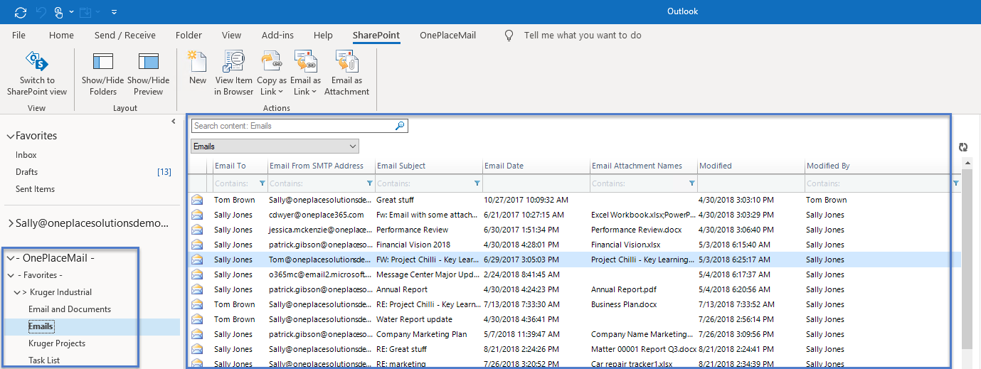 Working with emails stored in SharePoint, via Outlook