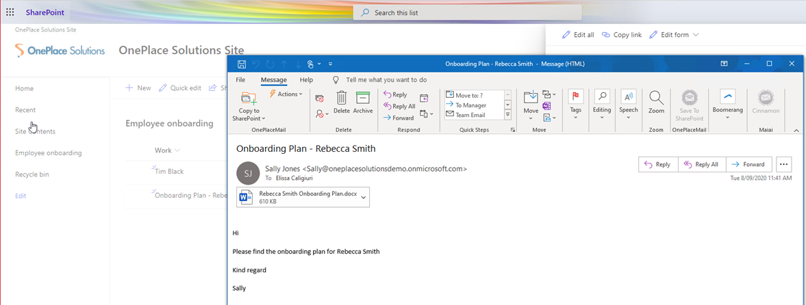 You can respond to or forward emails seamlessly from SharePoint.