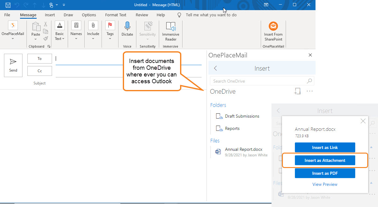Insert documents to emails from your OneDrive for Business 