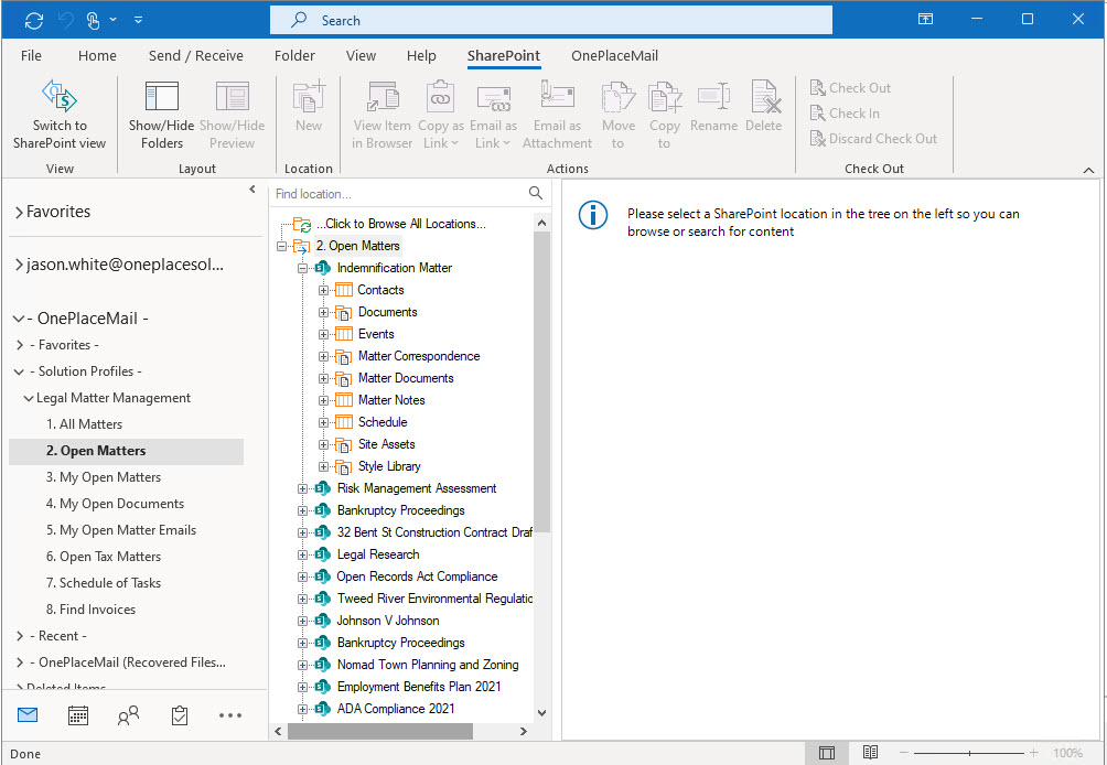 When this profile is published, users will see a list of 'Open Matters' in Microsoft Outlook and Office