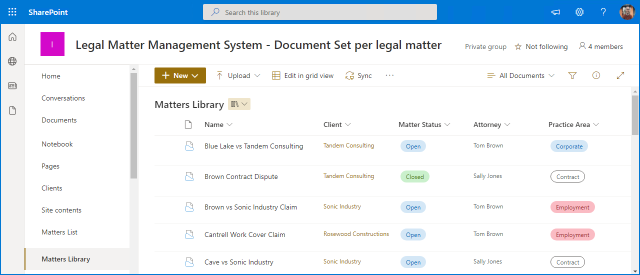 Legal Matter Management System has been implemented on Microsoft 365 with a Microsoft Teams site per legal matter