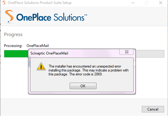 When attempting to install a newer release of OnePlaceMail over-the-top of an older release of OnePlaceMail you encounter the following error.