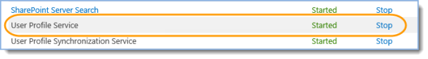 Find the row whose Service column value is User Profile Service. If the value in the Status column is Stopped, click Start in the Action column: 