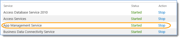 Find the row whose Service column value is App Management Service. If the value in the Status column is Stopped, click Start in the Action column: