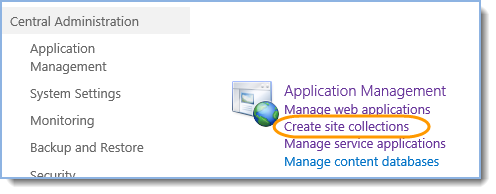 Central Administration – Application Management – Create site collections: 