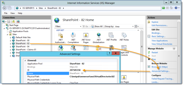 To get the CBWAID and CDWAIP open IIS Manager, click on the clams-based site, click the “Advanced settings…” link on the right hand side of IIS and copy ID. 