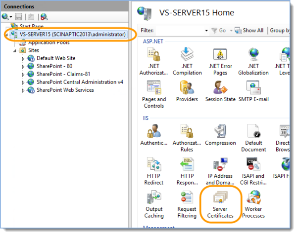 Click on the server name in IIS Manager and open Server Certificates: 