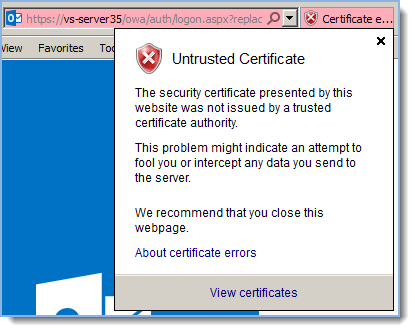 Click Certificate Error info in Internet Explorer next to the Address bar, and then click View Certificates: 