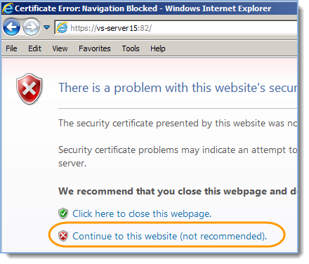 Accept to trust the certificate by clicking Continue to website. 