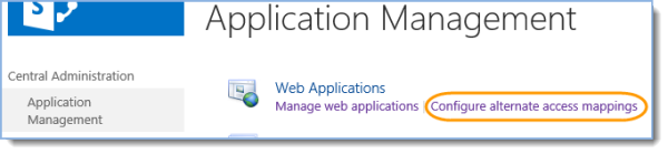 Central Administration – Application Management – Web Applications – Configure alternate access mapping: 