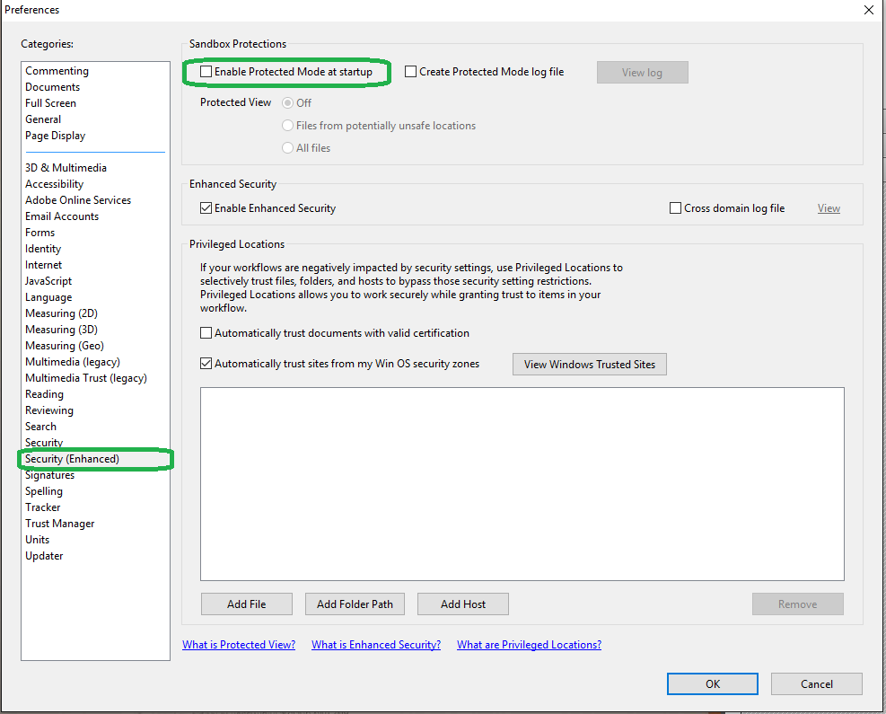 Disable protected mode in Adobe Reader