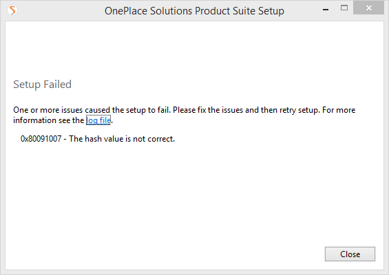 Receive error when attempting to install OnePlace Solutions product suite for the first time. 