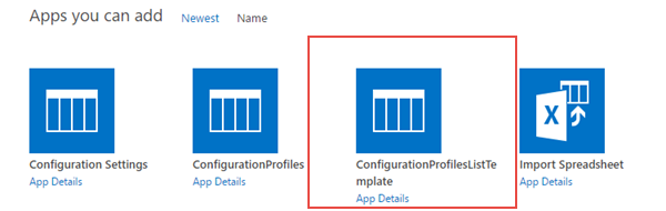 Locate & select  the app named "Configuration Profiles List Template"