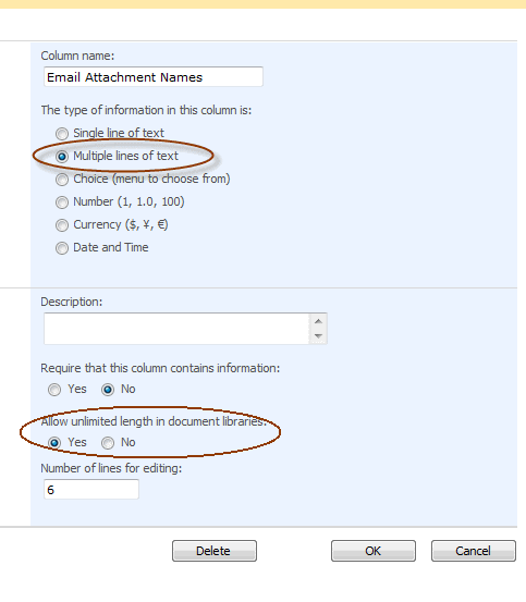 Go to the definition of the Email Attachment Names in SharePoint and change it from a Single line of text column to a Multiple lines of text Column with the setting Allow unlimited length in document libraries as below: