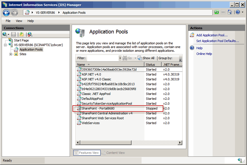 The central pane is now populated with a list of application pools with a column for the 'status'. Identify any SharePoint application pools that are not running (that should be).