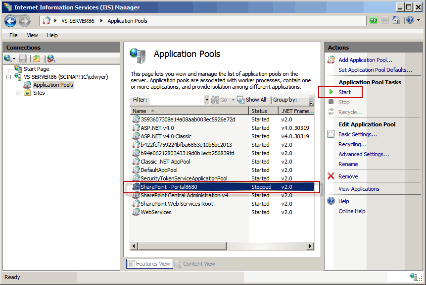 Select the 'stopped' application pool and click the Start button from the Actions panel.